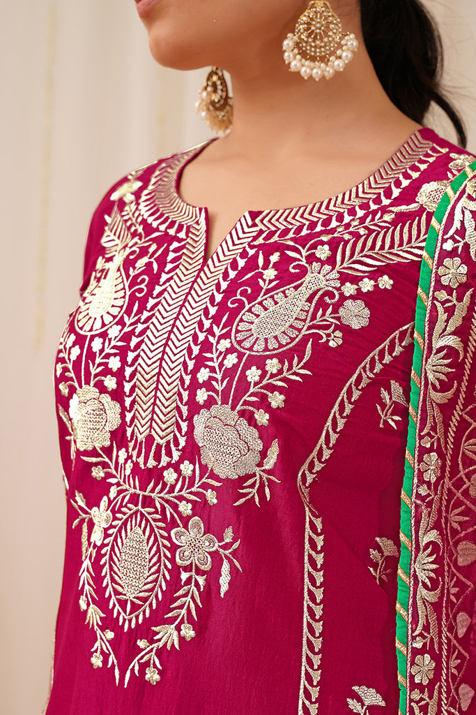 Pink Silk Blend Embroidered Solid Yoke Design Straight Palazzo Suit Set PKSKD2490