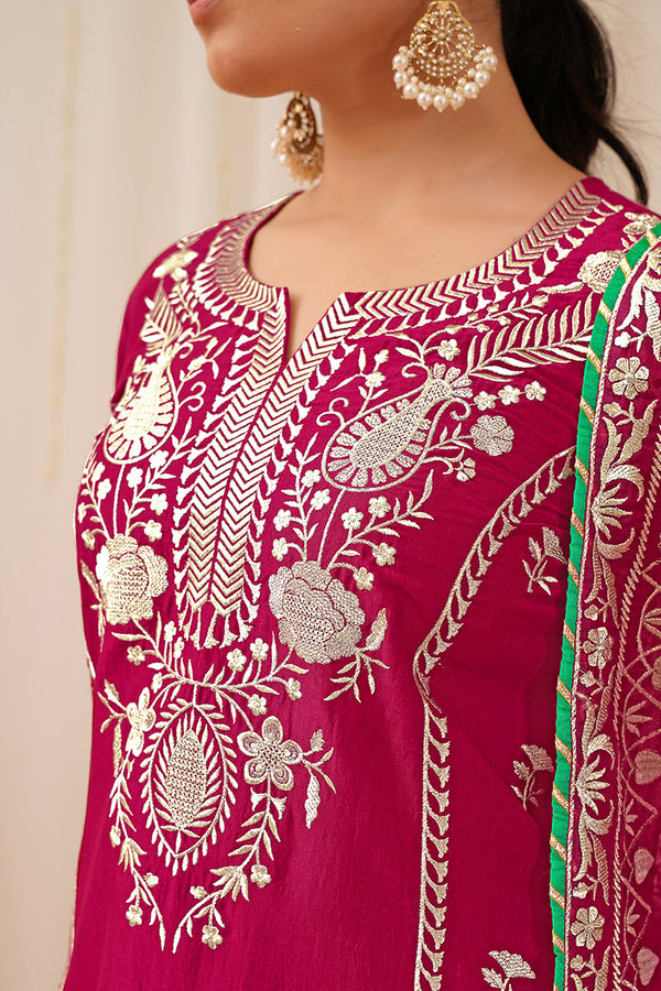 Pink Silk Blend Embroidered Solid Yoke Design Straight Palazzo Suit Set PKSKD2490