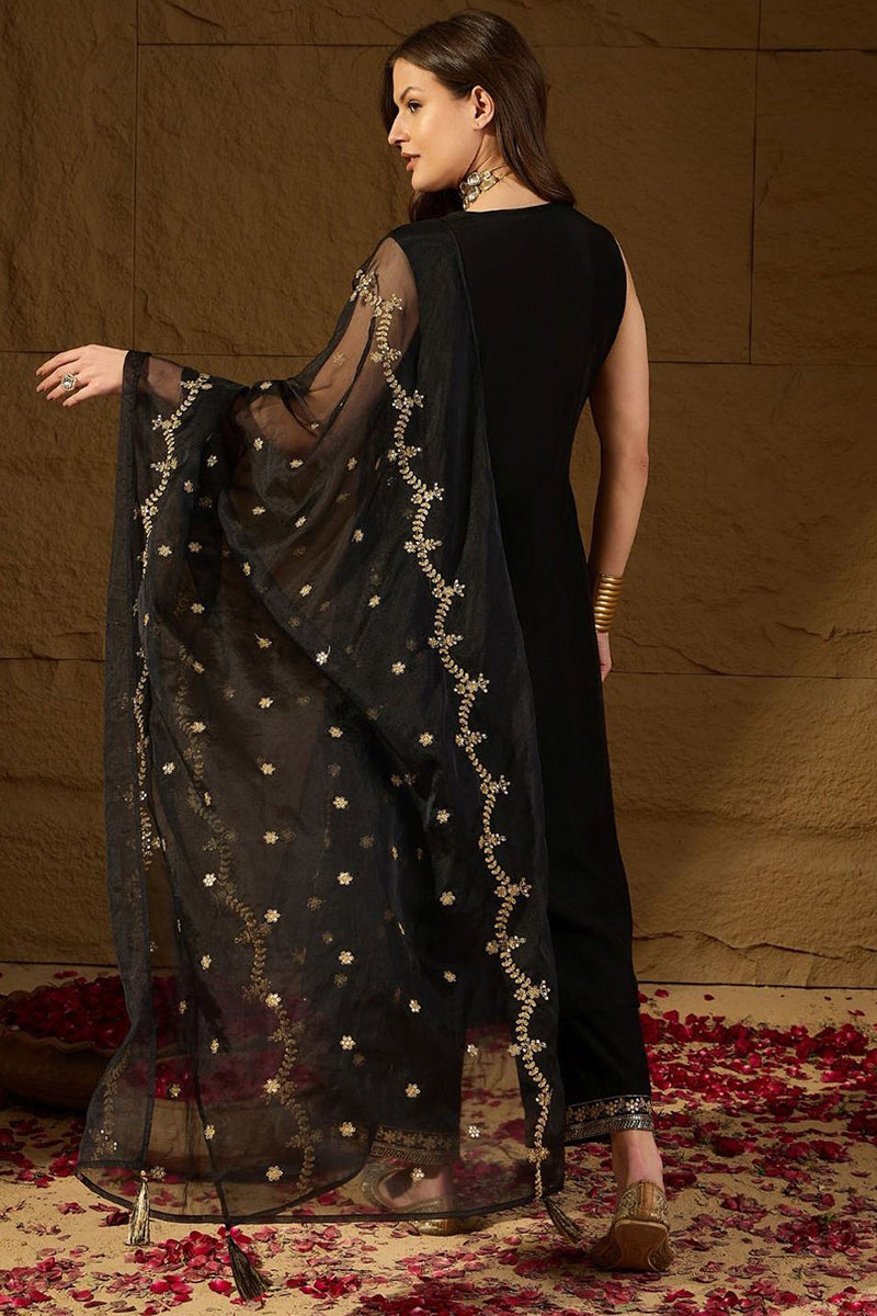 Black Silk Blend Embroidered Straight Kurta Palazzo With Dupatta HOPKSKD2722