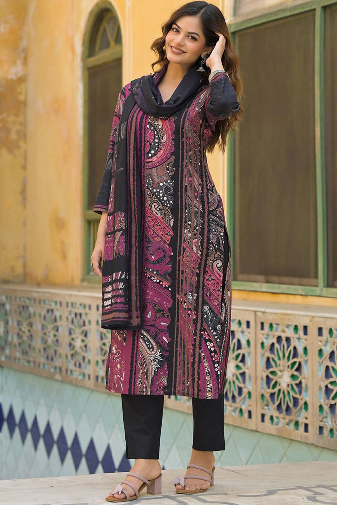 Black Rayon Blend Abstract Printed Straight Kurta Trouser With Dupatta SKSKD3080