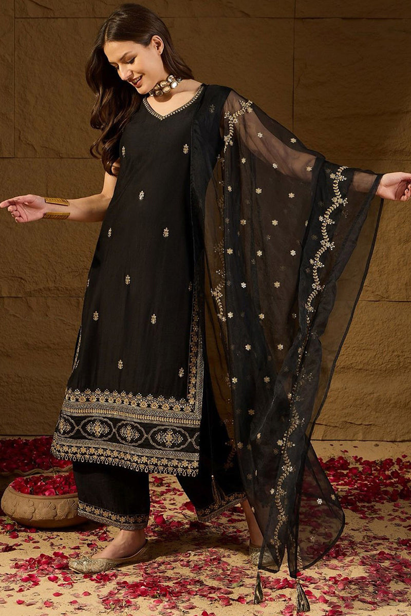Black Silk Blend Embroidered Straight Kurta Palazzo With Dupatta HOPKSKD2722