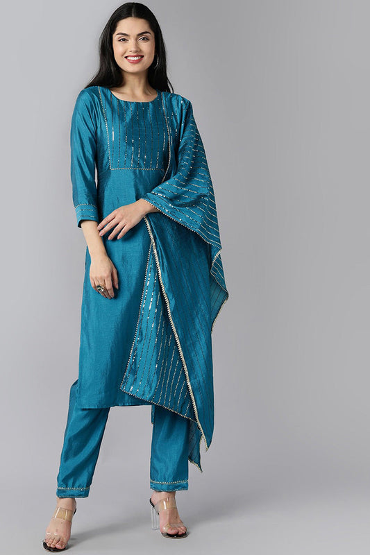  Women Teal Layered Kurta with Trousers With Dupatta Set