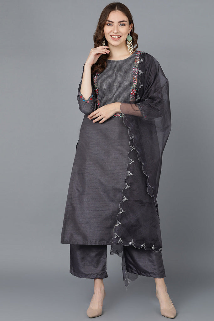 Grey Poly Silk Embroidered Kurta Trousers With Dupatta 