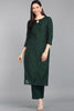  Women Cotton Green Woven Design Printed Straight Kurta Pant Set