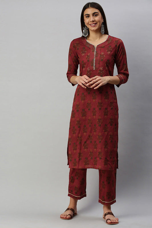   Cotton Maroon Ethnic Motifs Printed Straight Kurta Palazzo Set