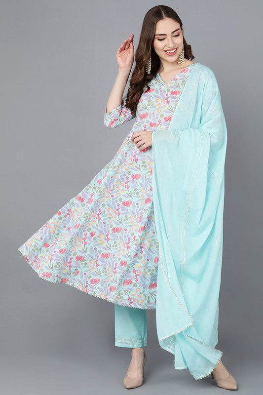  Women Turquoise Blue Pure Cotton Kurta Trousers With Dupatta