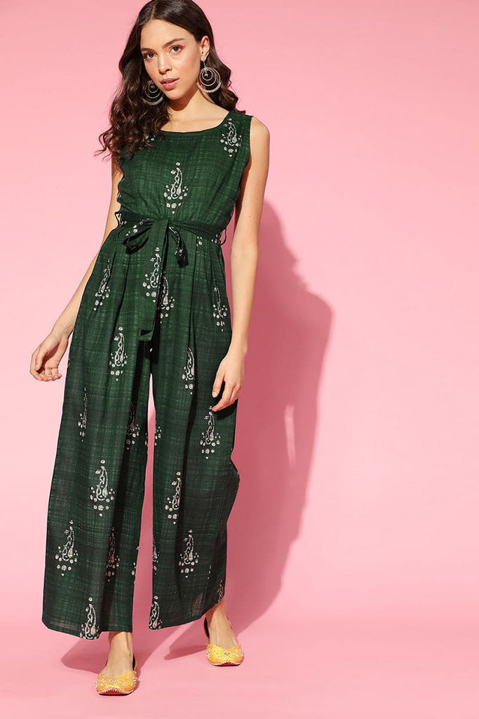  Green Printed Basic Jumpsuit