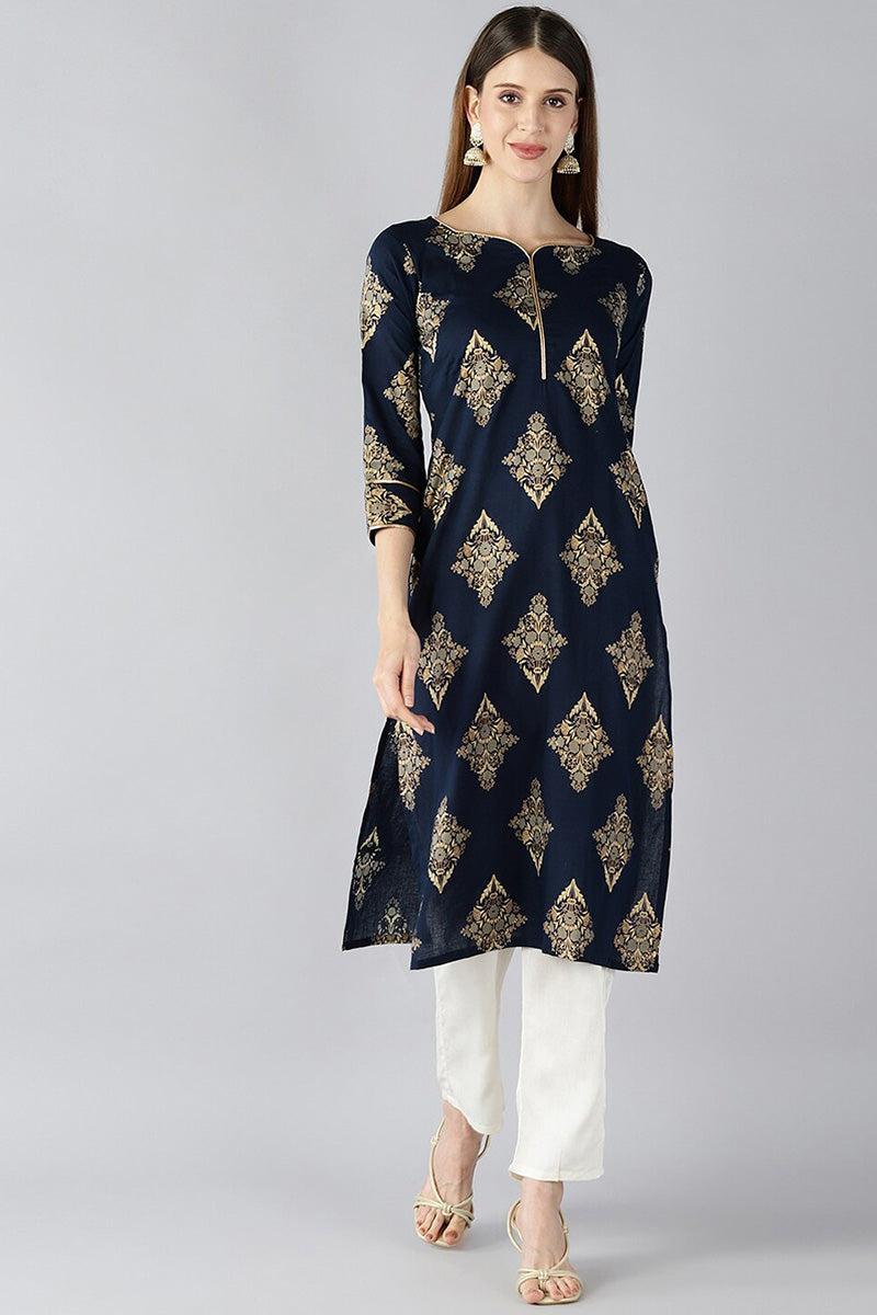   Navy Blue And Off White Floral Printed Cotton Straight Kurta