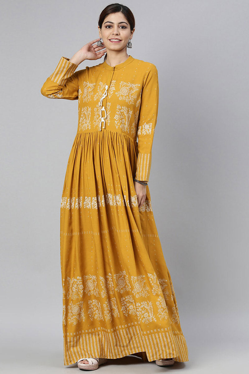  Women Mustard Yellow & White Floral Printed A Line Kurta