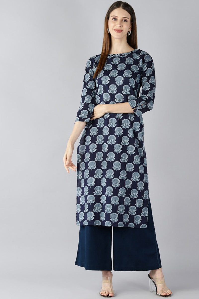   Navy Blue Floral Screen Printed Straight Kurta