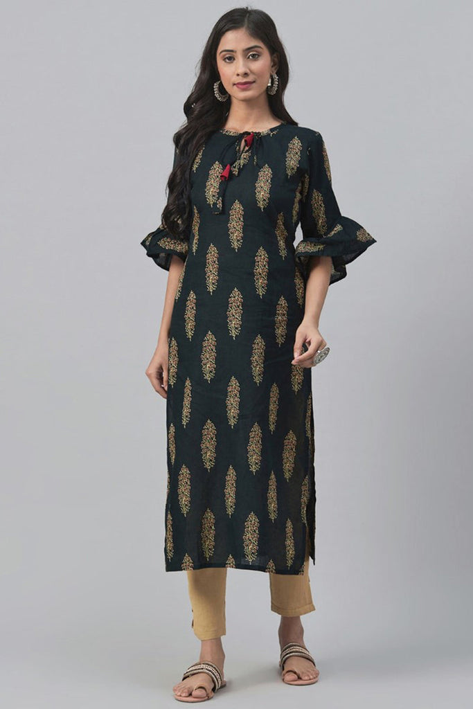   Green And Beige Printed Straight Kurta