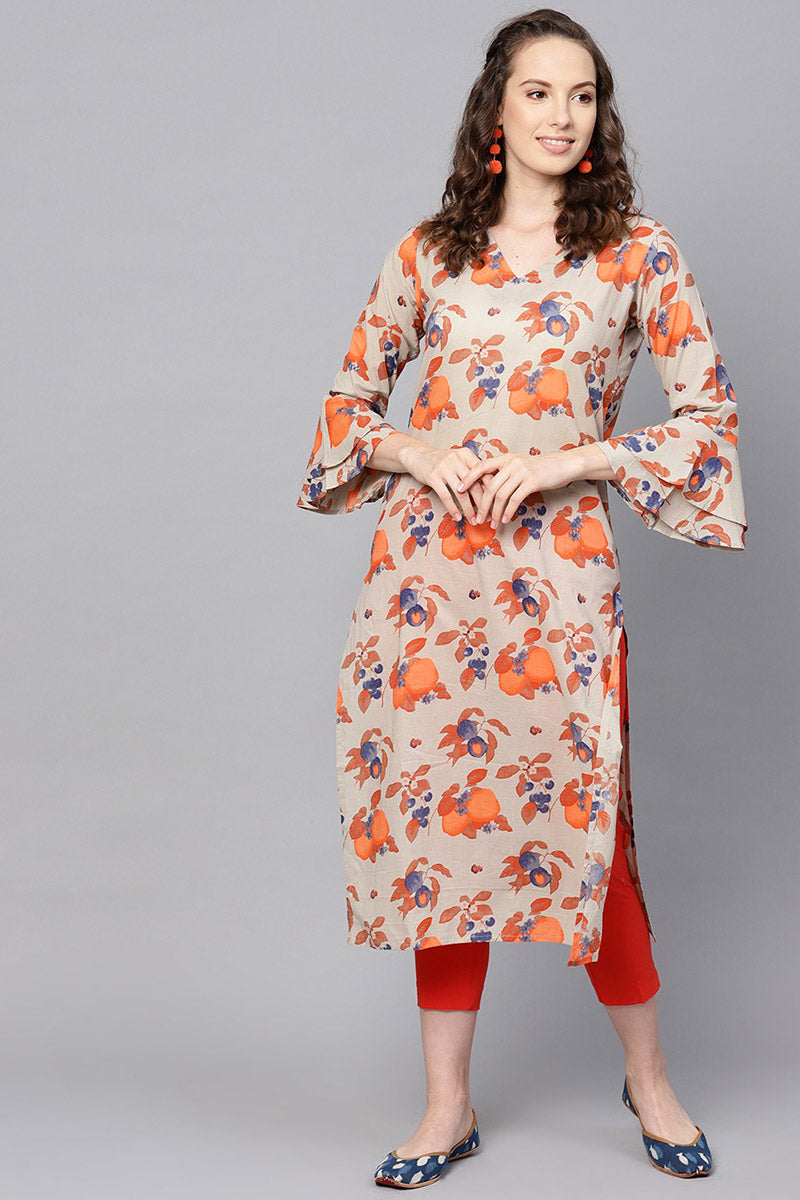   Casual Wear Cotton Chikoo Color Printed Trendy Kurti