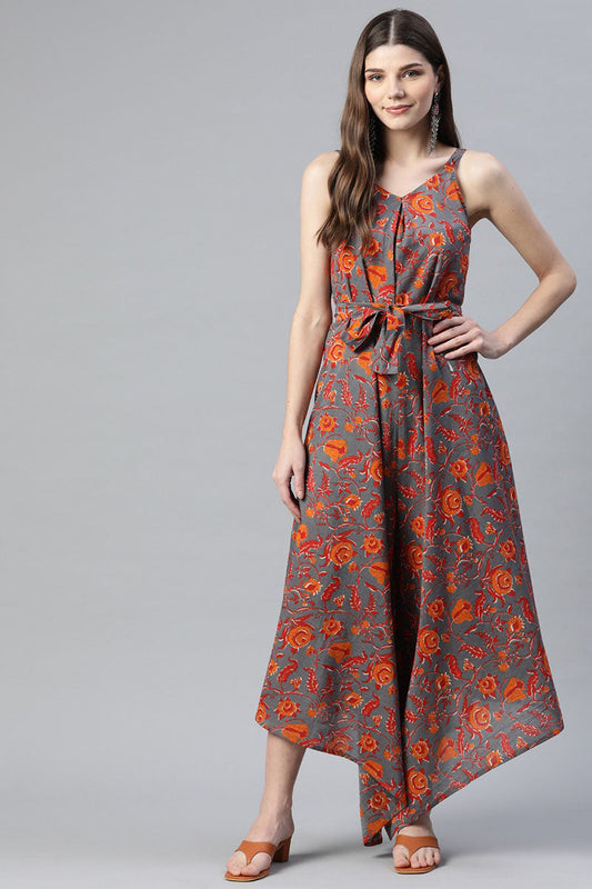  Grey & Orange Ethnic Motifs Printed Cotton Asymmetric Basic Jumpsuit with Belt