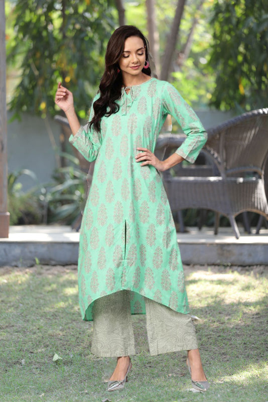   Occasion Wear Cotton Fabric Printed Stylish Sea Green Color Kurta And Palazzo Set 