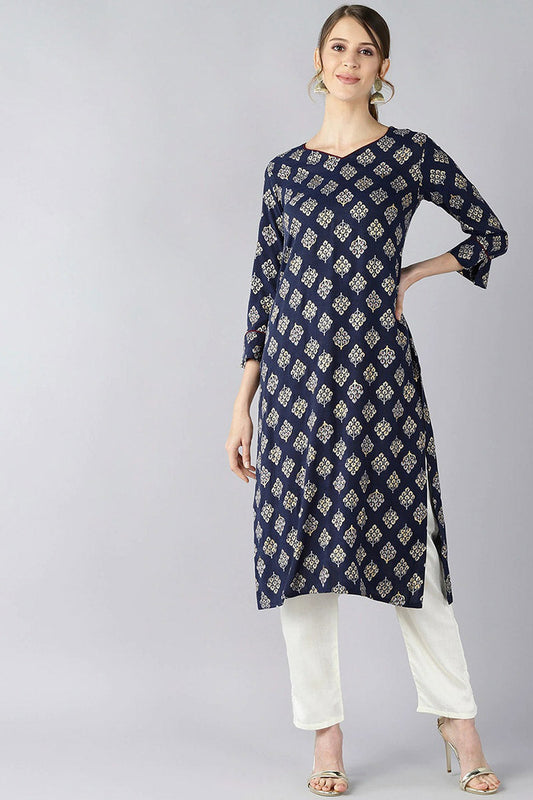   Navy Blue And Gold Toned Floral Printed Straight Kurta