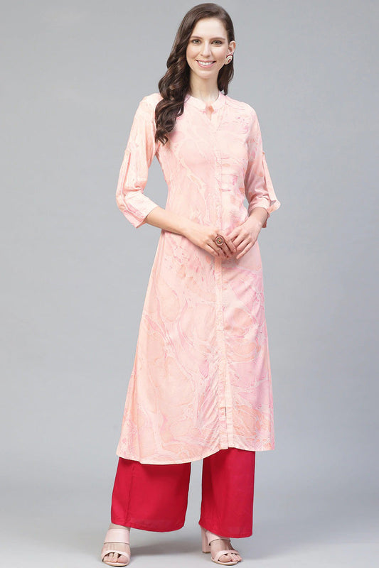  Women Pink Orange Printed A Line Kurta