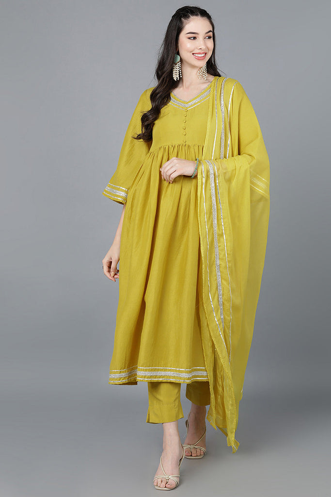  Women Yellow Poly Silk Embroidered Kurta Trousers With Dupatta 