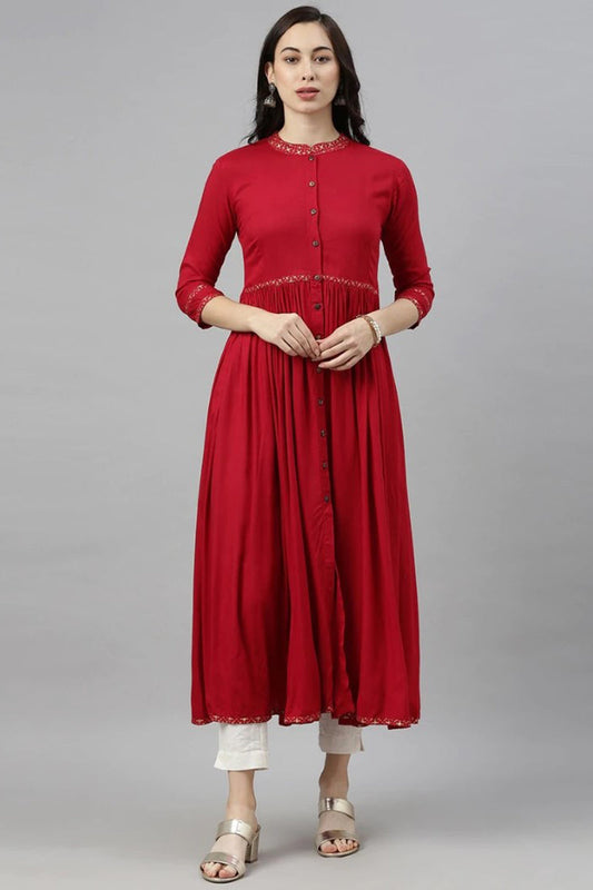  Women Red Solid Mandarin Collar Kurta