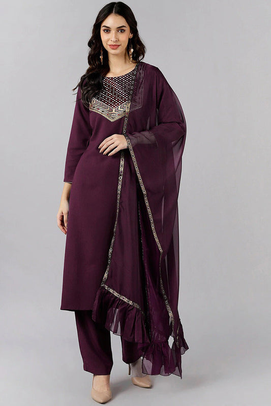  Women Burgundy Solid Woven Design Kurta Trousers With Dupatta