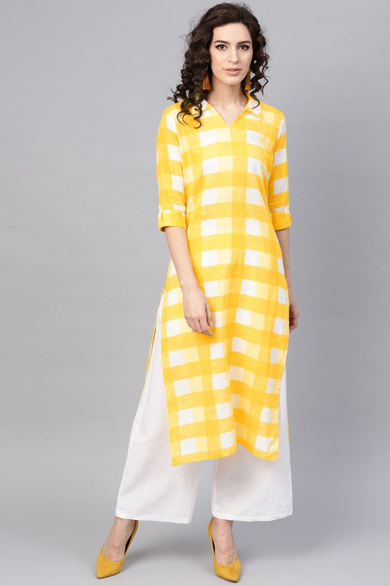   Cotton Fabric Printed Stylish Yellow Color Kurti