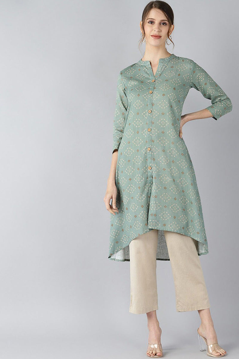  Women Green & Beige Printed A Line Kurta