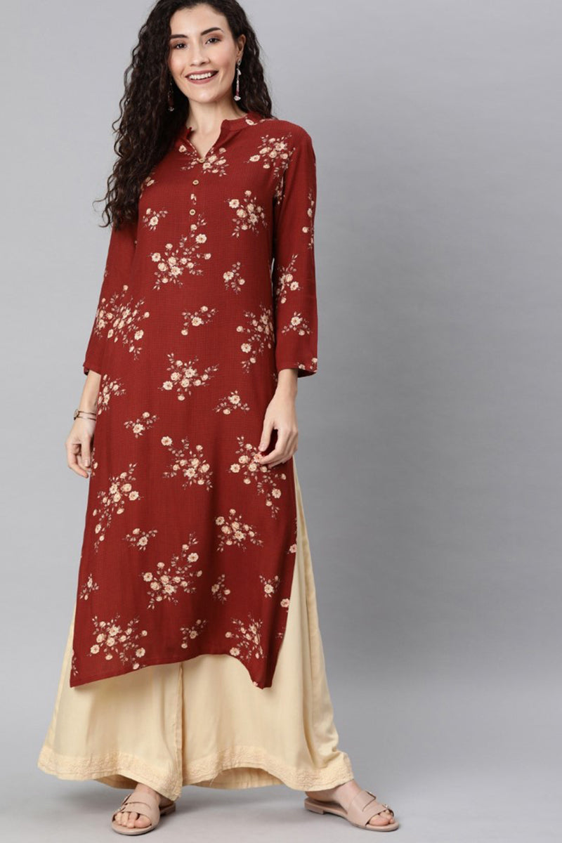   Maroon And Pink Printed Straight Kurta