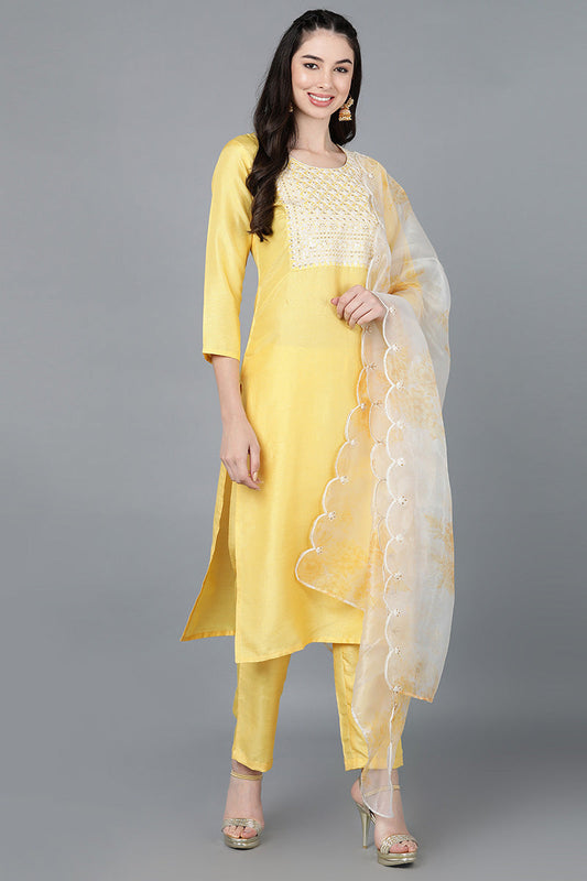  Women Yellow Poly Silk Embroidered Kurta Trousers With Dupatta