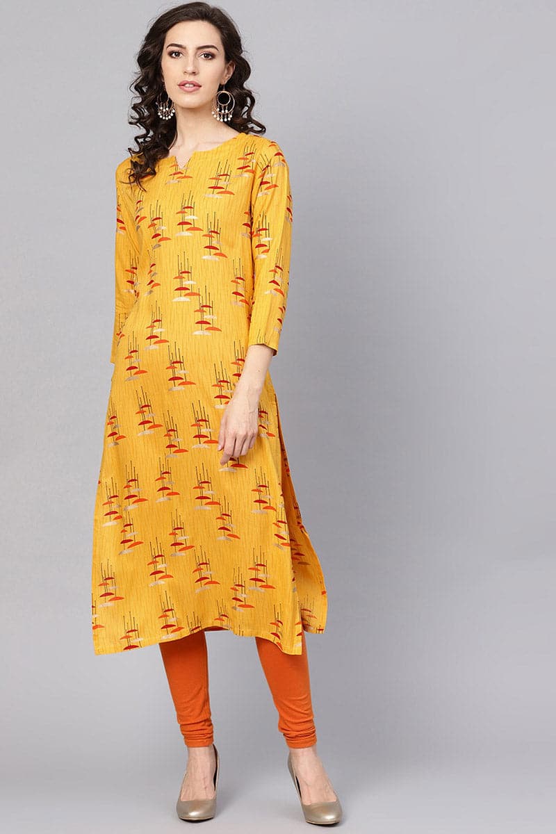   Beautiful Printed Mustard Color Cotton Fabric Kurti