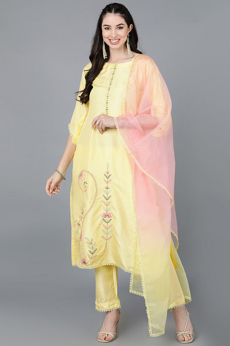  Women Yellow Poly Silk Embroidered Kurta Trousers With Dupatta 