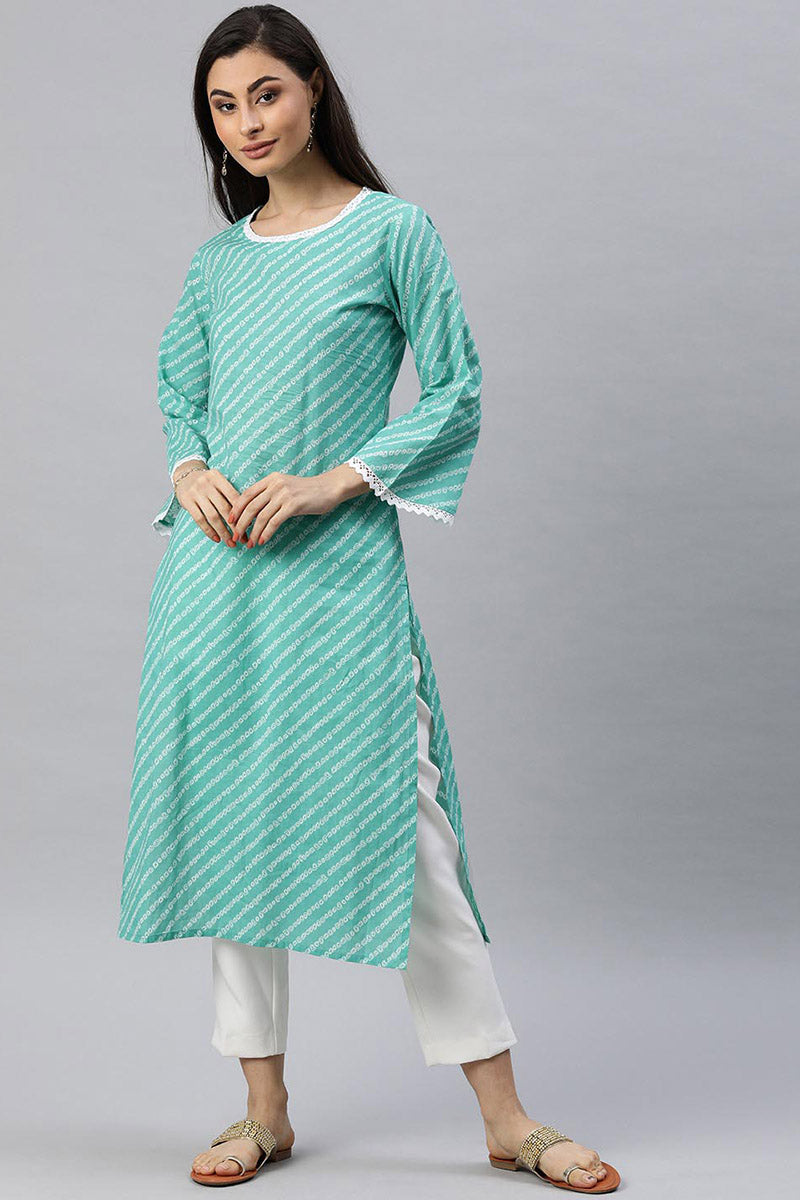   Sea Green And White Printed A Line Kurta