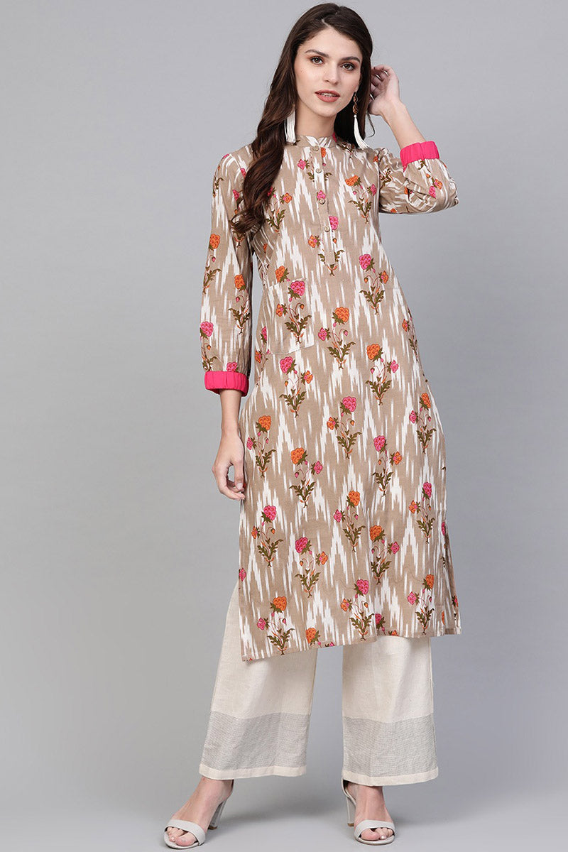 Fancy Occasion Wear Chikoo Color Printed Cotton Fabric Kurti VCK1330