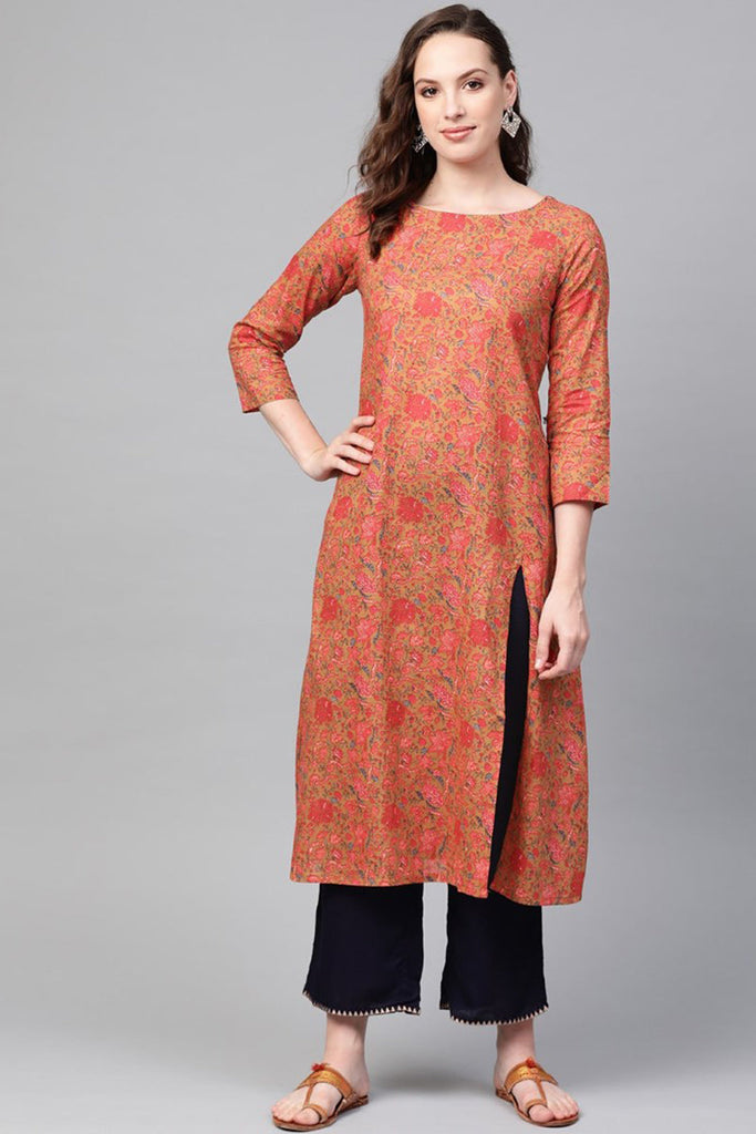   Casual Wear Cotton Fabric Salmon Printed Trendy Kurti