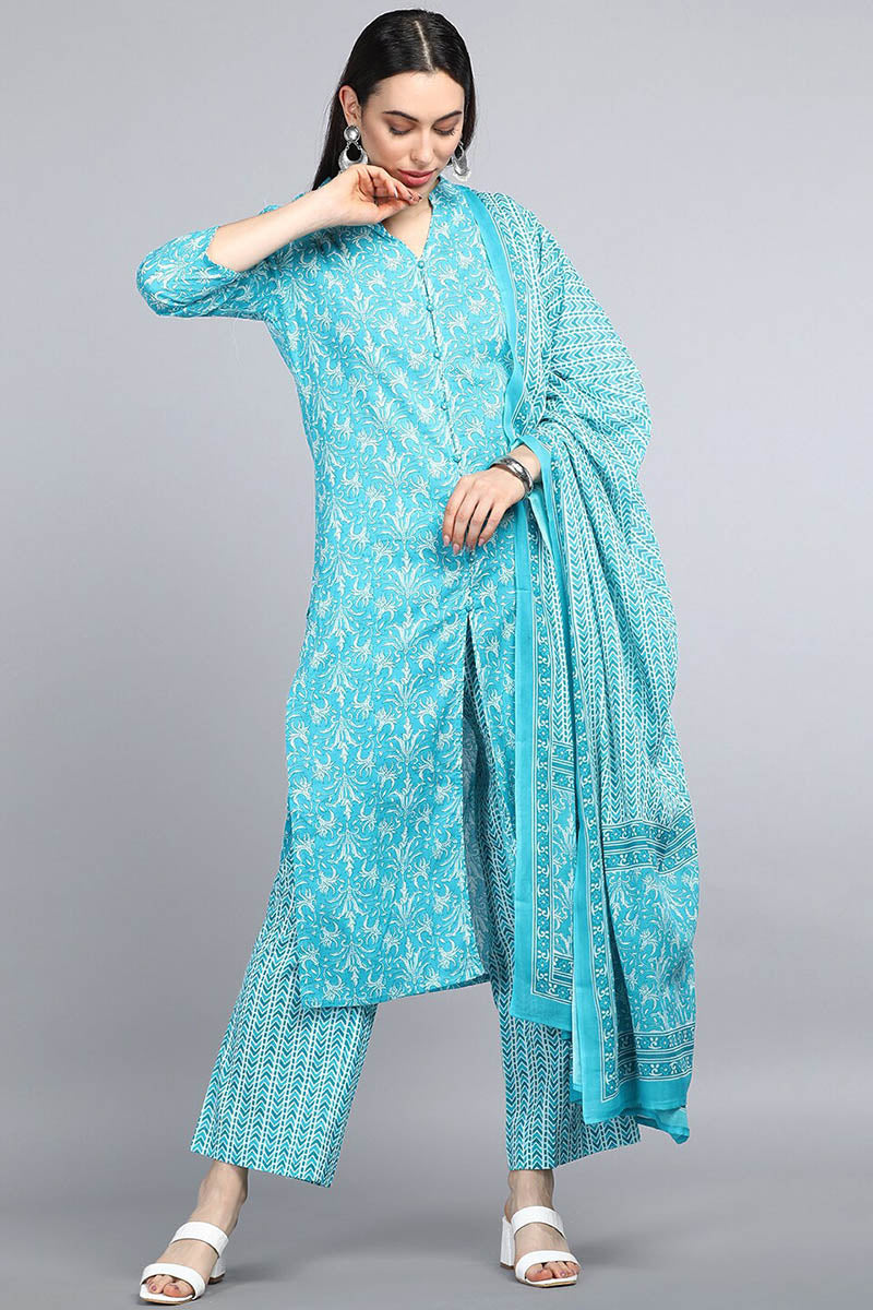  Women Turquoise Blue Ethnic Motifs Printed Pure Cotton Kurta