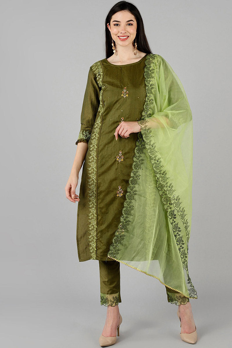  Women Olive Solid Embroidered Kurta Trousers With Dupatta