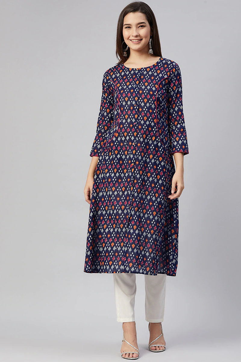  Women Cotton Navy Blue Ethnic Motifs Printed A-Line