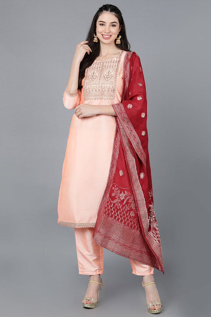  Women Peach Poly Silk Embroidered Kurta Trousers With Dupatta