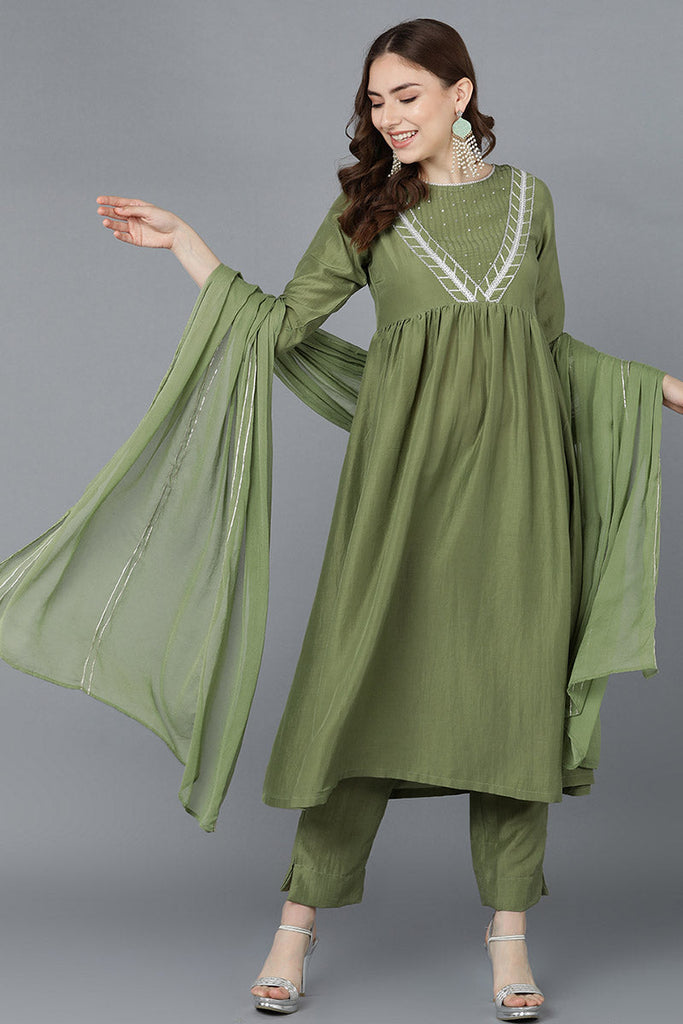  Women Green Poly Silk Embroidered Kurta Trousers With Dupatta