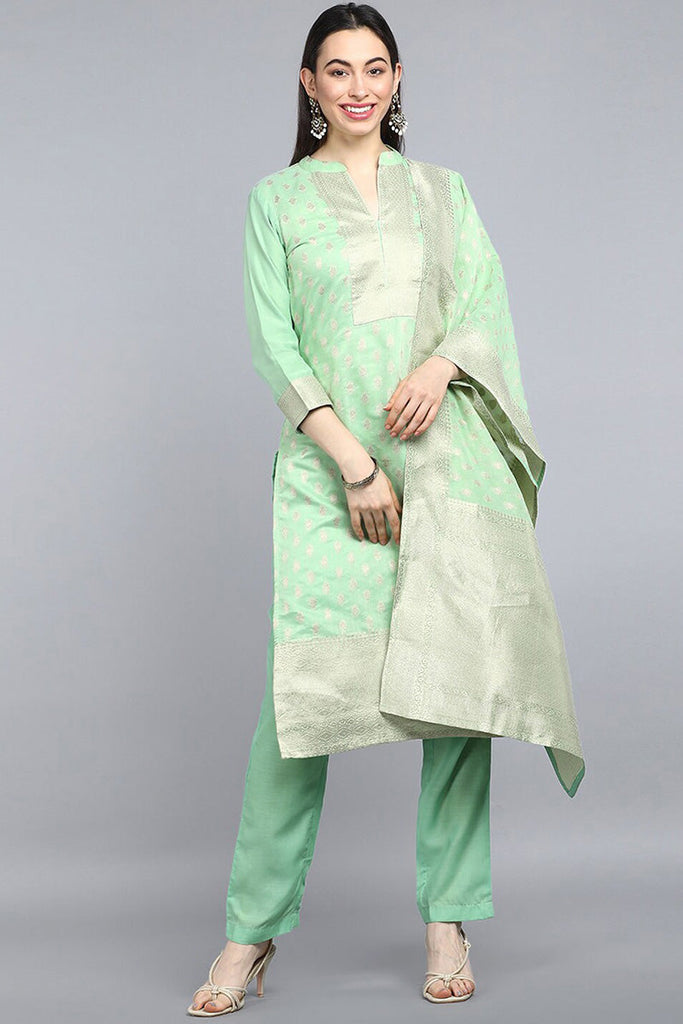  Women Lime Green Gold-Toned Ethnic Motifs Kurta With Trousers Dupatta