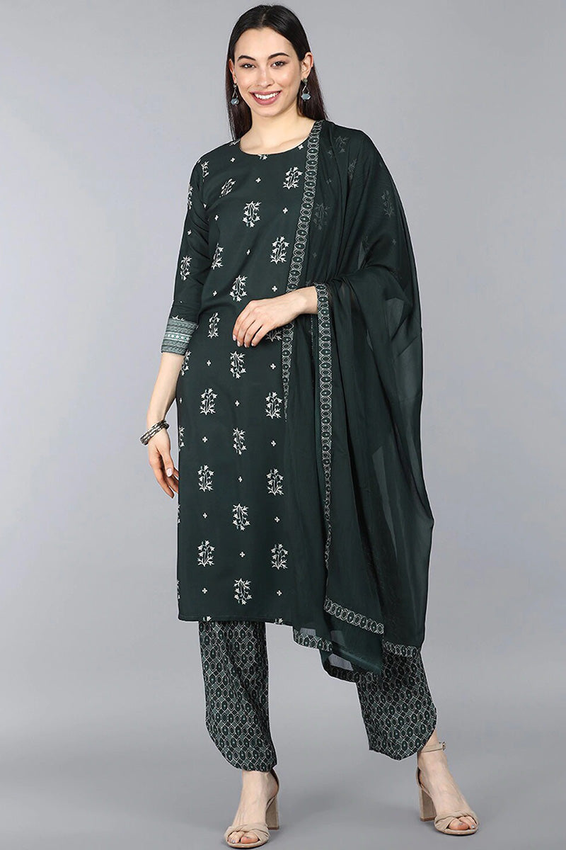  Women Green Floral Printed Kurta with Churidar Dupatta