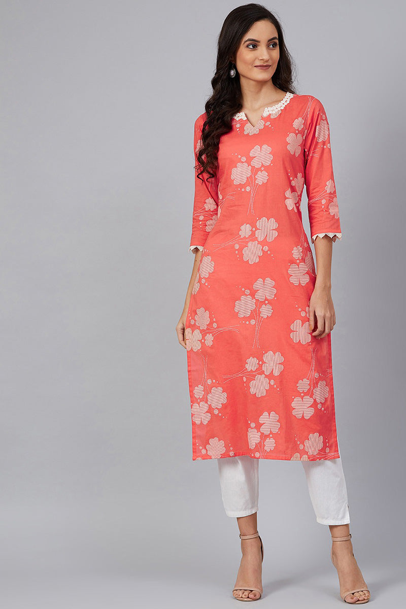   Coral Red & White Printed Straight Kurta