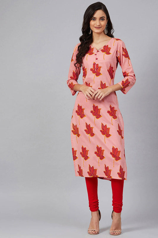   Pink & Red Screen Floral Printed Straight Kurta