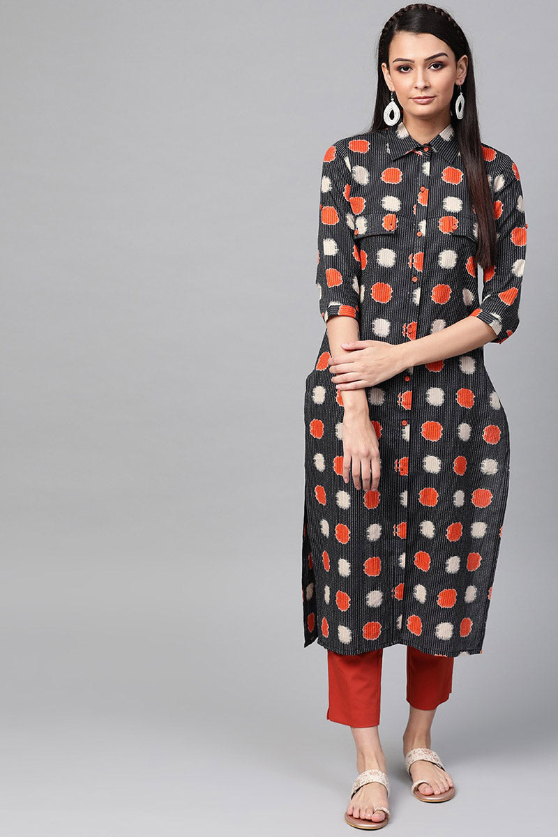   Cotton Fabric Printed Simple Function Wear Black Kurti