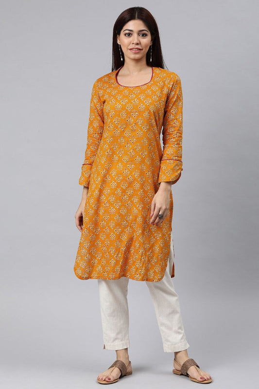  Women Mustard Yellow Ethnic Motifs Printed Kurta