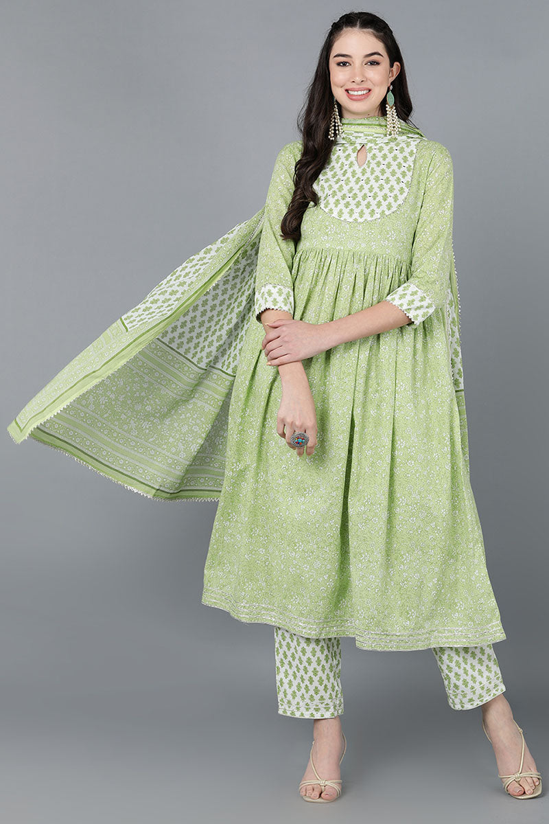  Women Green Pure Cotton Printed Kurta Trousers With Dupatta 