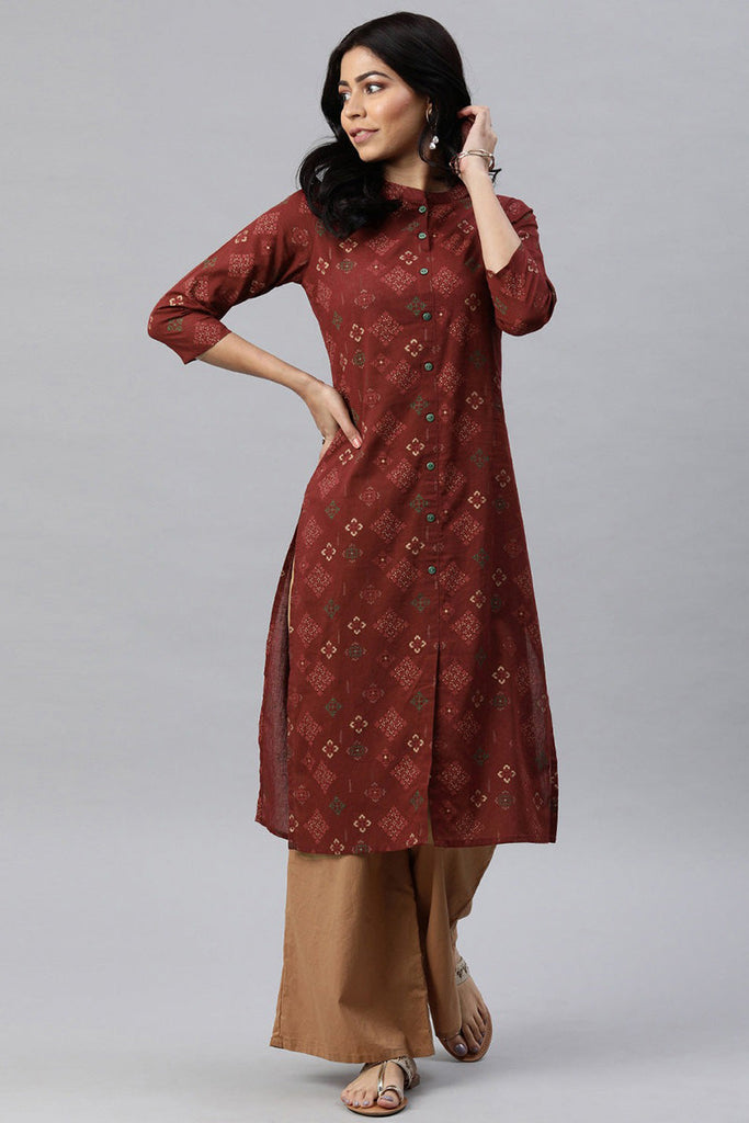   Maroon And Gold Coloured Printed Straight Kurta