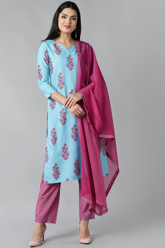  Women Blue Ethnic Motifs Embroidered Panelled Kurti with Salwar With Dupatta Set