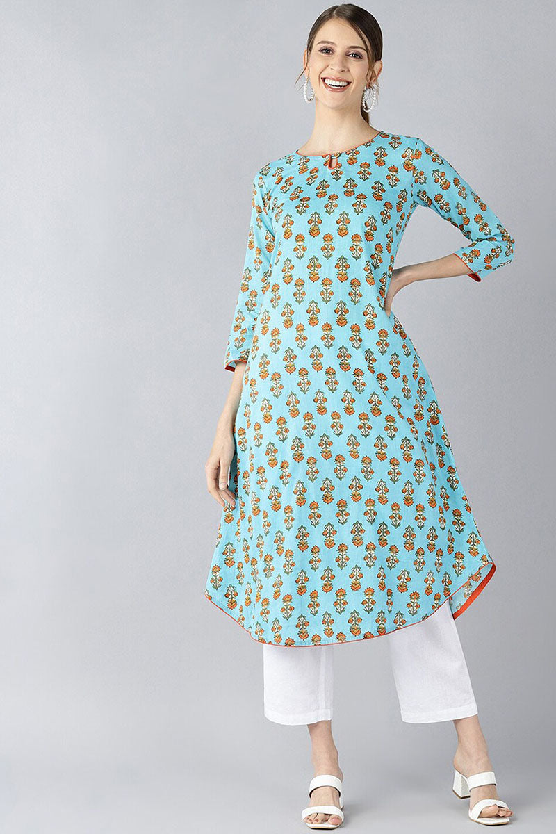   Occasion Wear Blue Printed Cotton Kurti