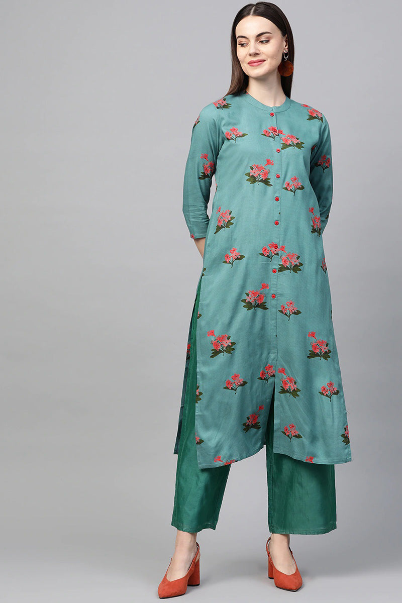   Cotton Fabric Trendy Festive Wear Light Cyan Color Printed Kurti