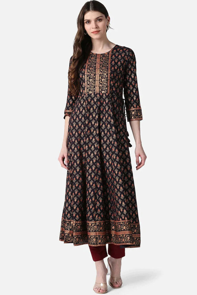  Women Black Gold Ethnic Motifs Printed Mirror Work Anarkali Kurta