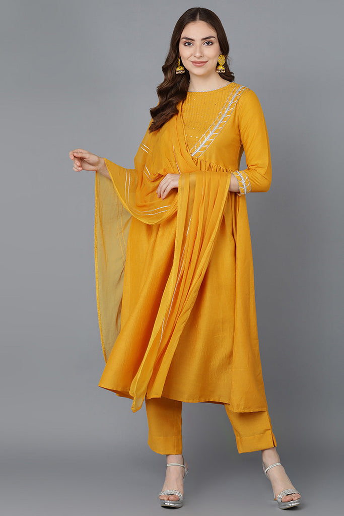  Women Mustard Poly Silk Embroidered Kurta Trousers With Dupatta 